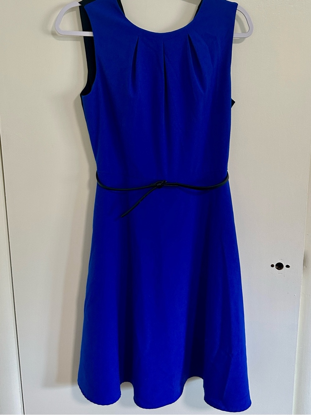 Calvin Klein Royal Blue Sleeveless A-Line Dress with Thin Black Belt Size 8